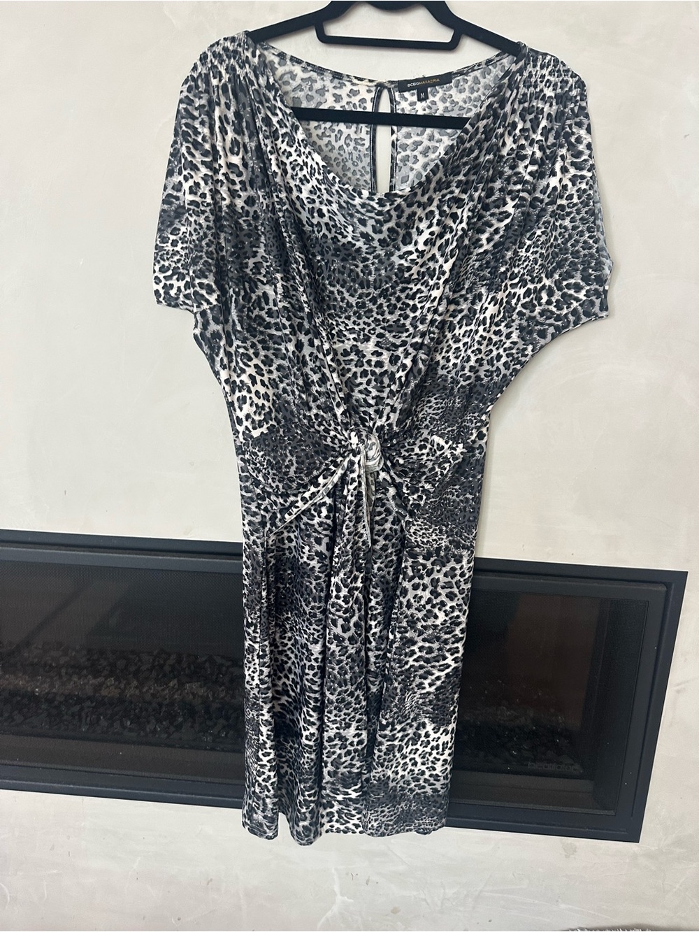 BCBGMaxAzria Black & White Leopard Print Cowl Neck Midi Dress